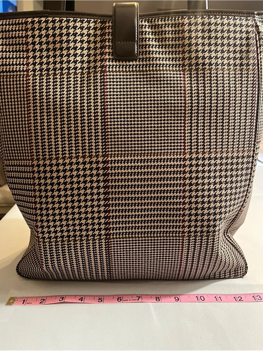 Ralph Lauren Black and White Houndstooth Tote with Subtle Red Stripes